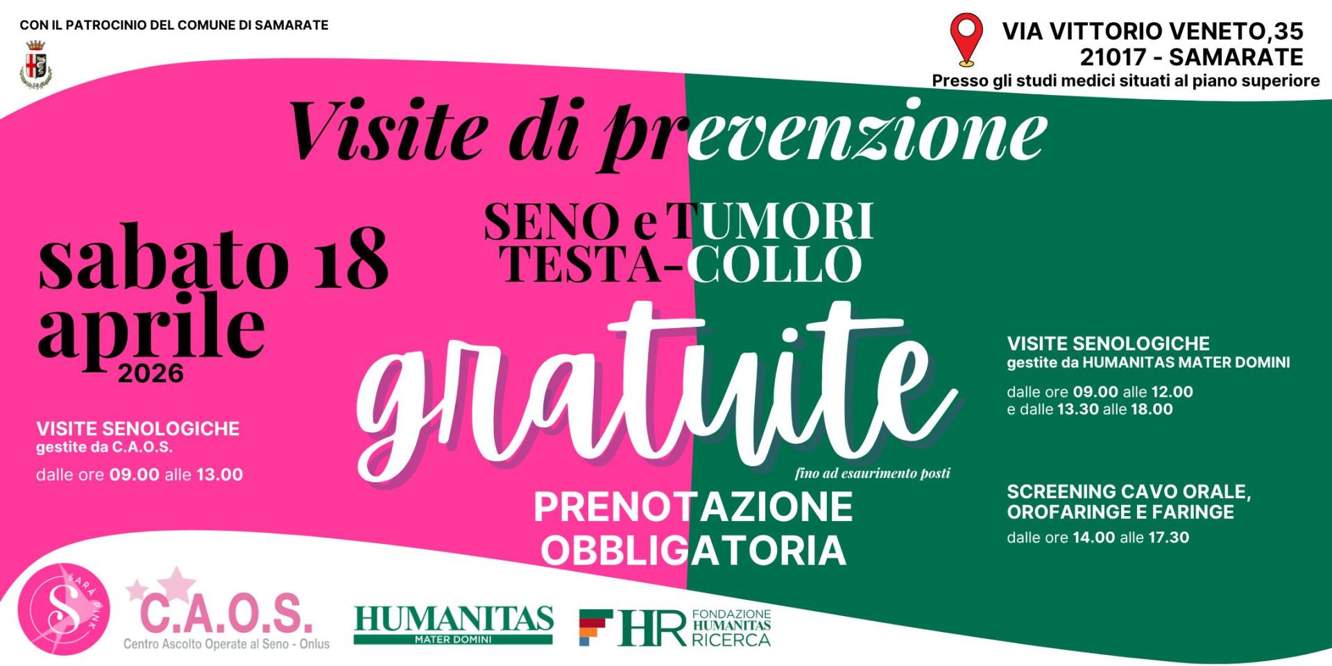 Prevenzione senologica e dei tumori testa-collo: Samarate accende i riflettori, con Humanitas Mater Domini insieme a Fondazione Humanitas per la Ricerca e C.A.O.S